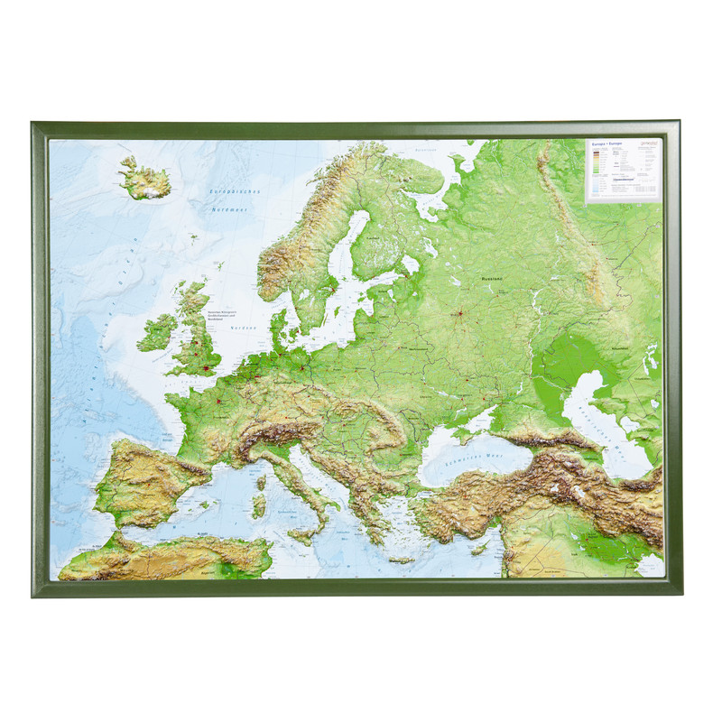 Georelief Kontinentkarta Europa (78x58) 3D-reliefkarta med träram