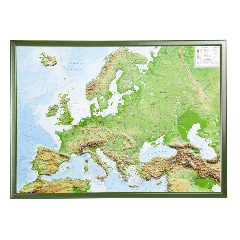 Georelief Kontinentkarta Europa (78x58) 3D reliefkarta med träram