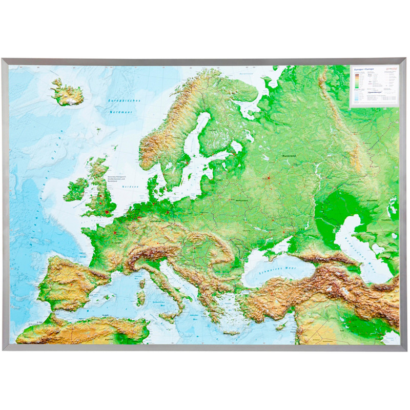 Georelief Kontinentkarta Europa (77x57) 3D reliefkarta med ram