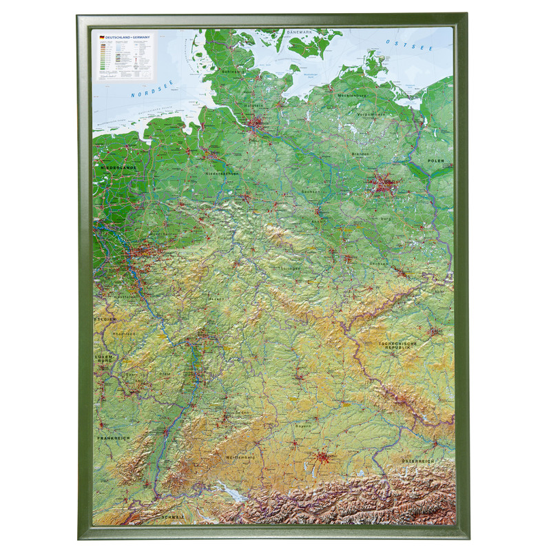 Georelief Tyskland (77x57) 3D-reliefkarta med träram