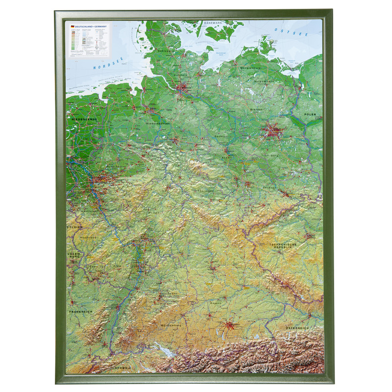 Georelief Tyskland (77x57) 3D reliefkarta med träram