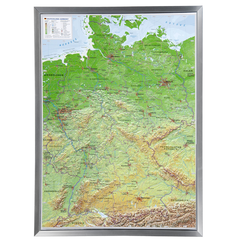 Georelief Tyskland (77x57) 3D-reliefkarta med aluminiumram