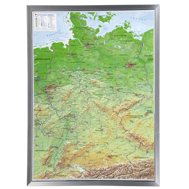 Georelief Tyskland (77x57) 3D reliefkarta med ram