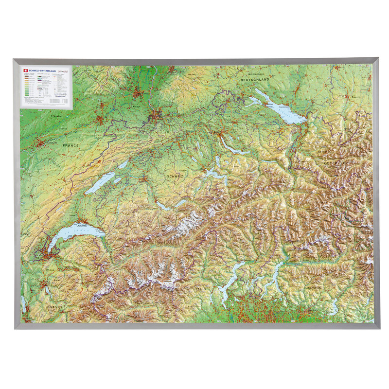 Georelief Schweiz (77x57) 3D-reliefkarta med aluminiumram