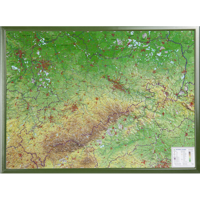 Georelief Regionkarta Sachsen stor, 3D-reliefkarta med träram