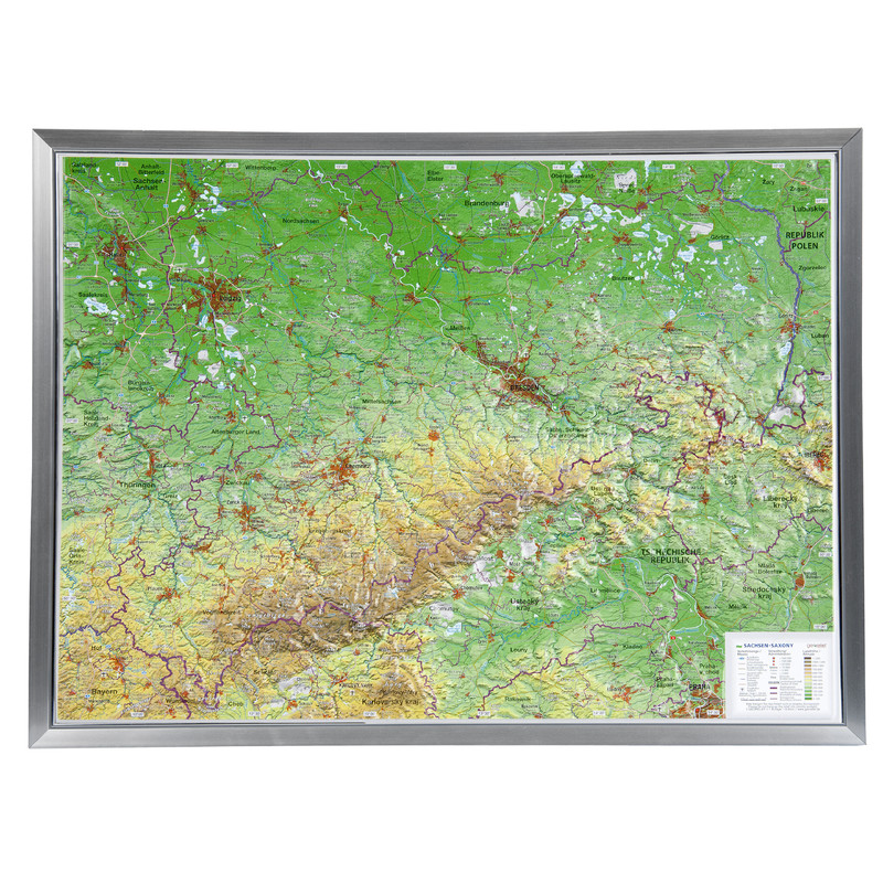 Georelief Regionkarta Sachsen stor, 3D-reliefkarta med ram i aluminium