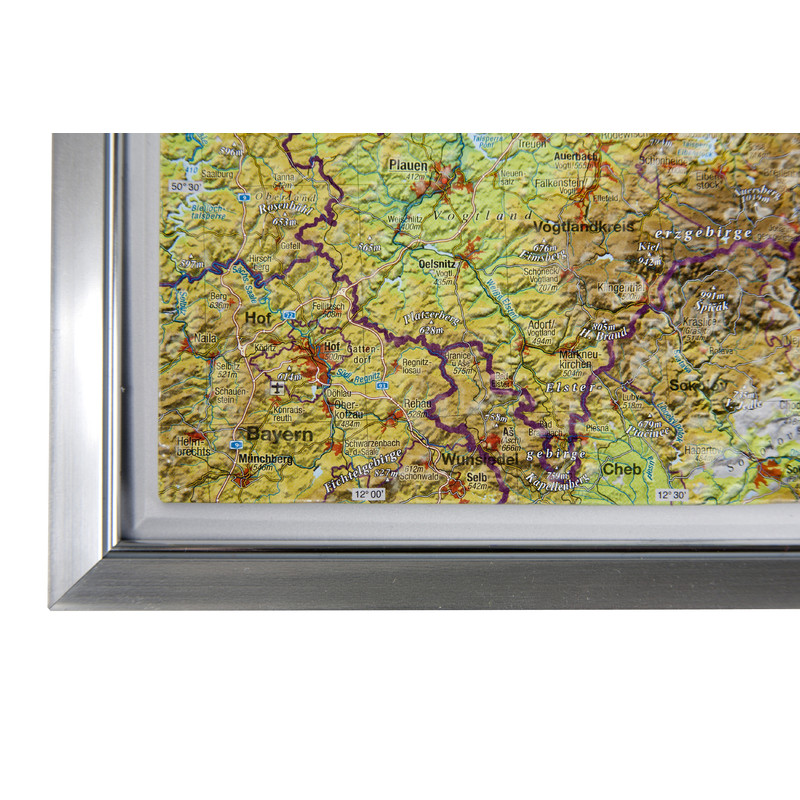 Georelief Regionkarta Sachsen stor, 3D-reliefkarta med ram i aluminium