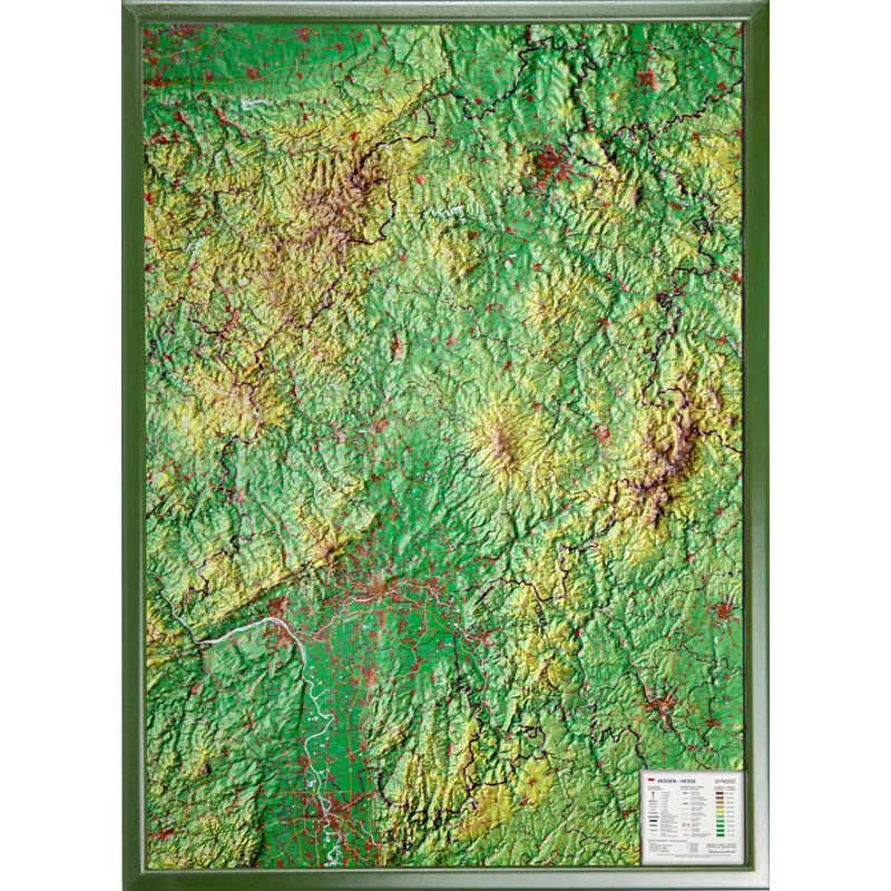Georelief Regionkarta Hessen stor, 3D-reliefkarta med träram