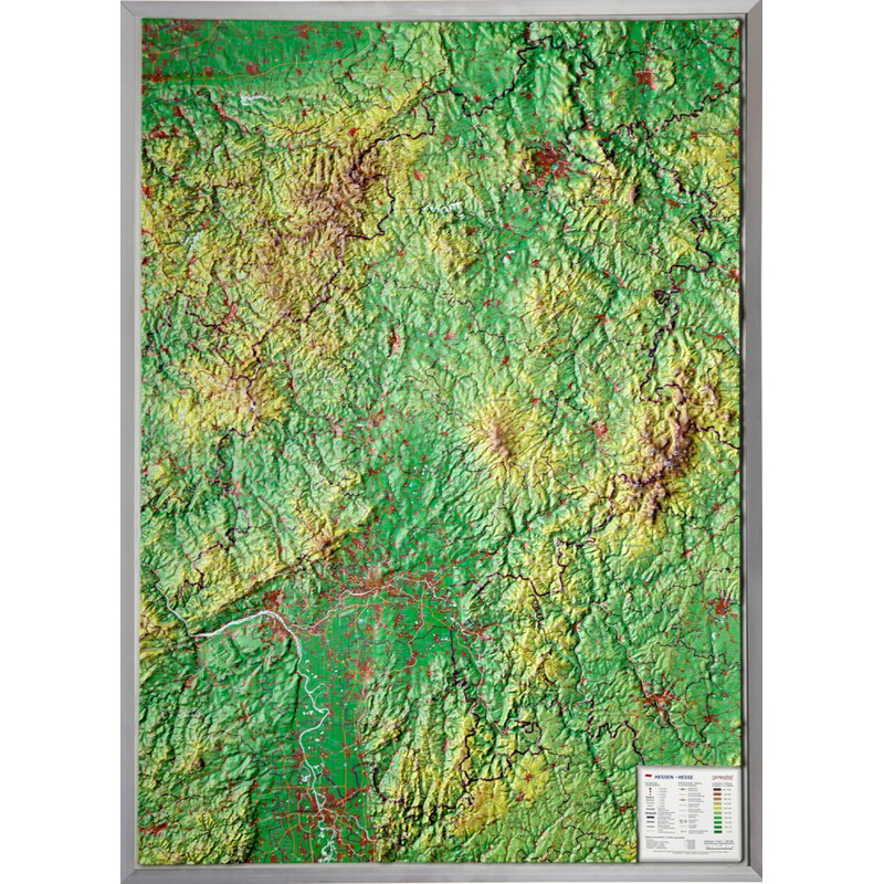 Georelief Regionkarta Hessen stor, 3D-reliefkarta med aluminiumram