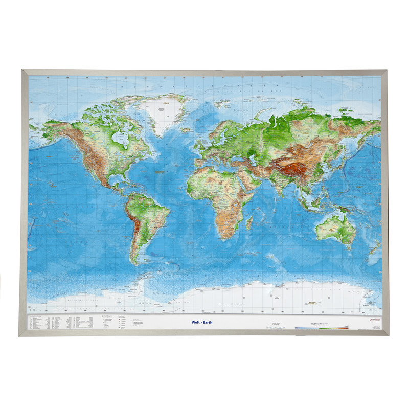 Georelief Världskarta 3D-reliefkarta med aluminiumram (77 x 57 cm)