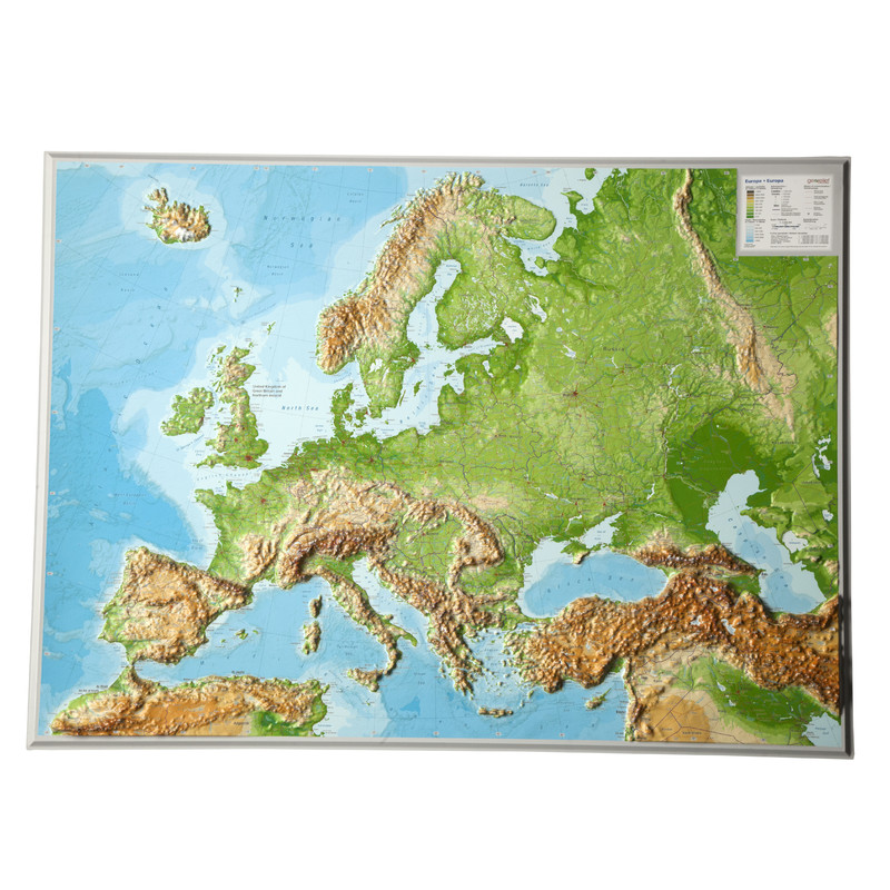 Georelief Kontinentkarta Europa stor, 3D reliefkarta, Engelska
