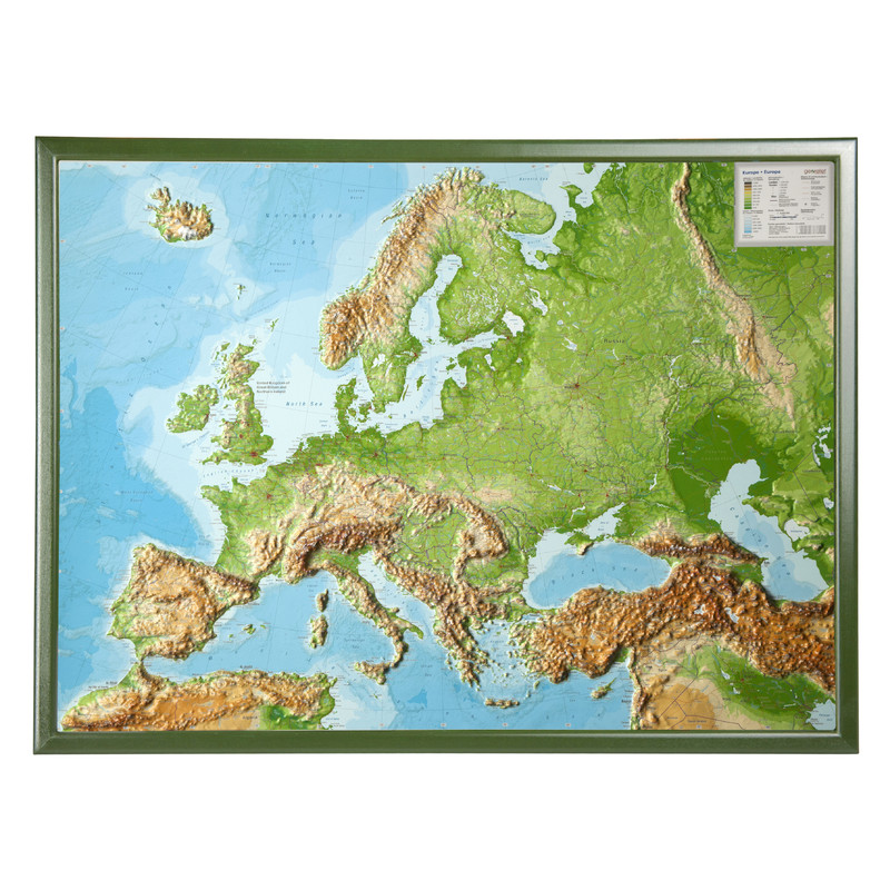 Georelief Kontinentkarta Europa stor, 3D reliefkarta med träram, Engelska