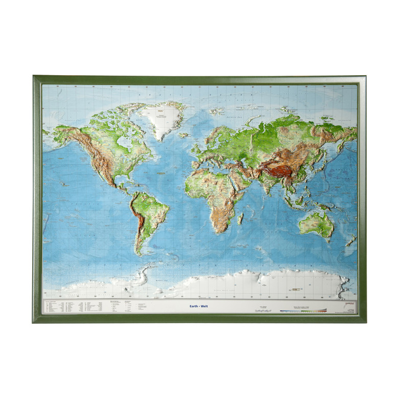 Georelief Världskarta (77x57) 3D reliefkarta med träram, ENGELSKA
