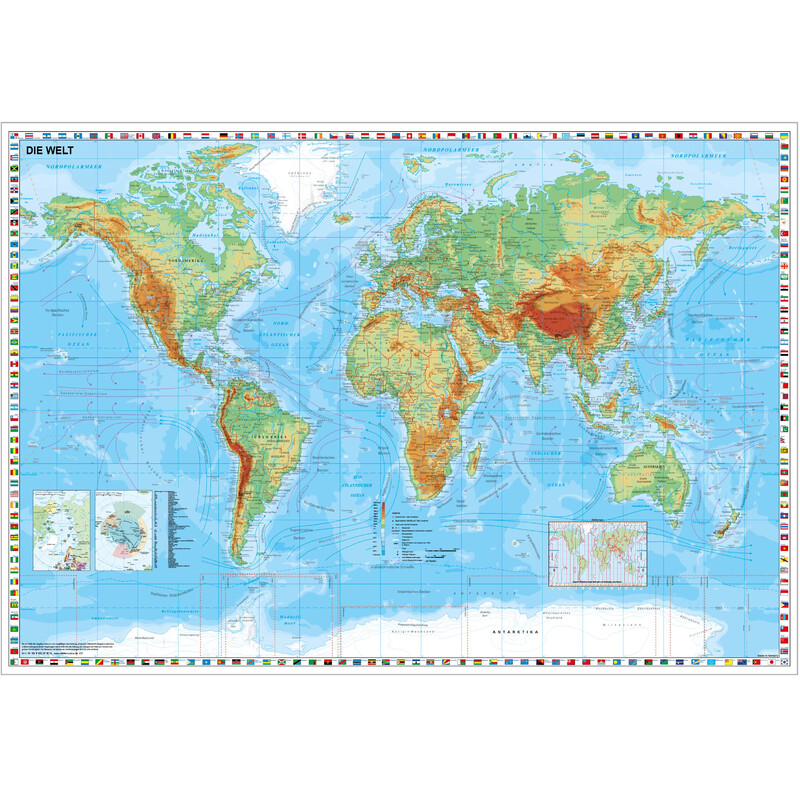 Stiefel Världskarta fysisk med flaggkant (95x62)