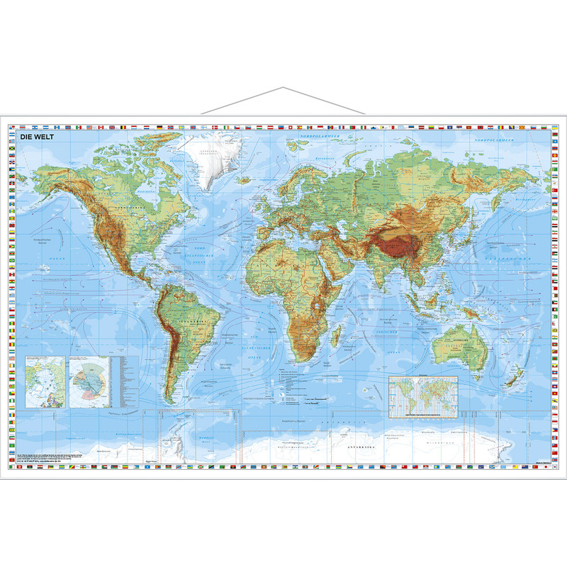 Stiefel Världskarta fysisk med flaggkant (95x62)