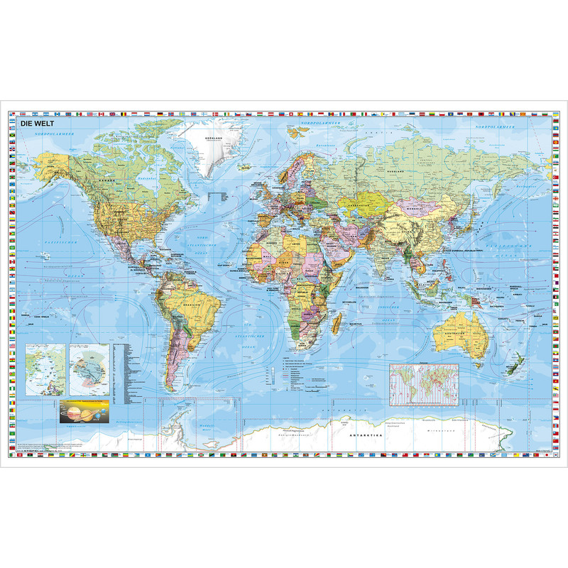 Stiefel Världskarta Väggkarta med vit träkant och upphängningssnöre