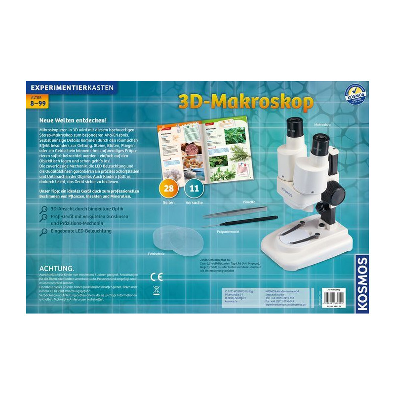 Kosmos Verlag Stereomikroskop 3-D makroskop forskningssats, 20x, LED