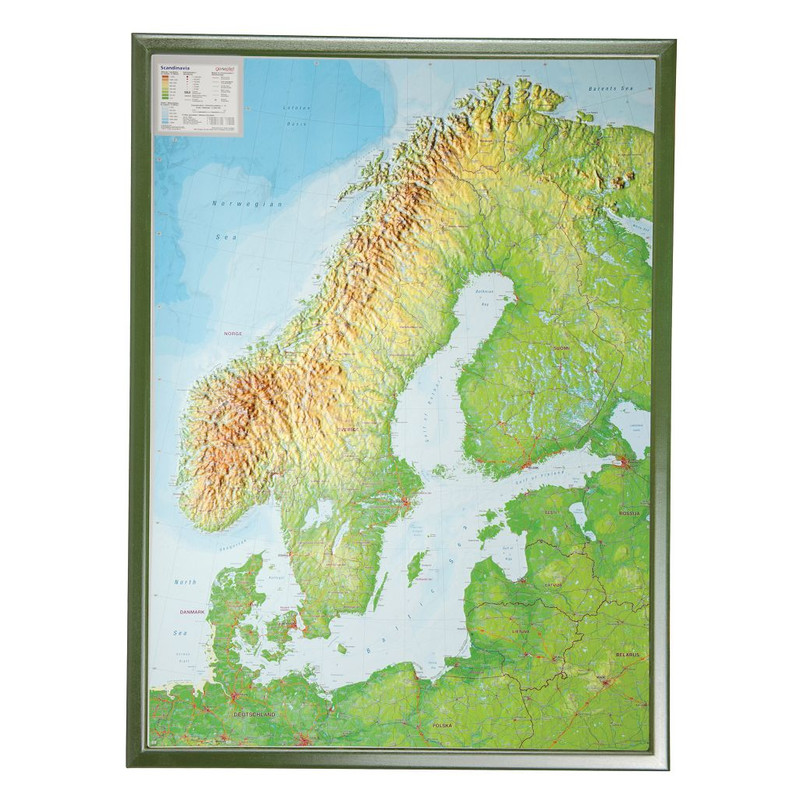Georelief Regionkarta Skandinavien stor, 3D-reliefkarta med silverfärgad plastram