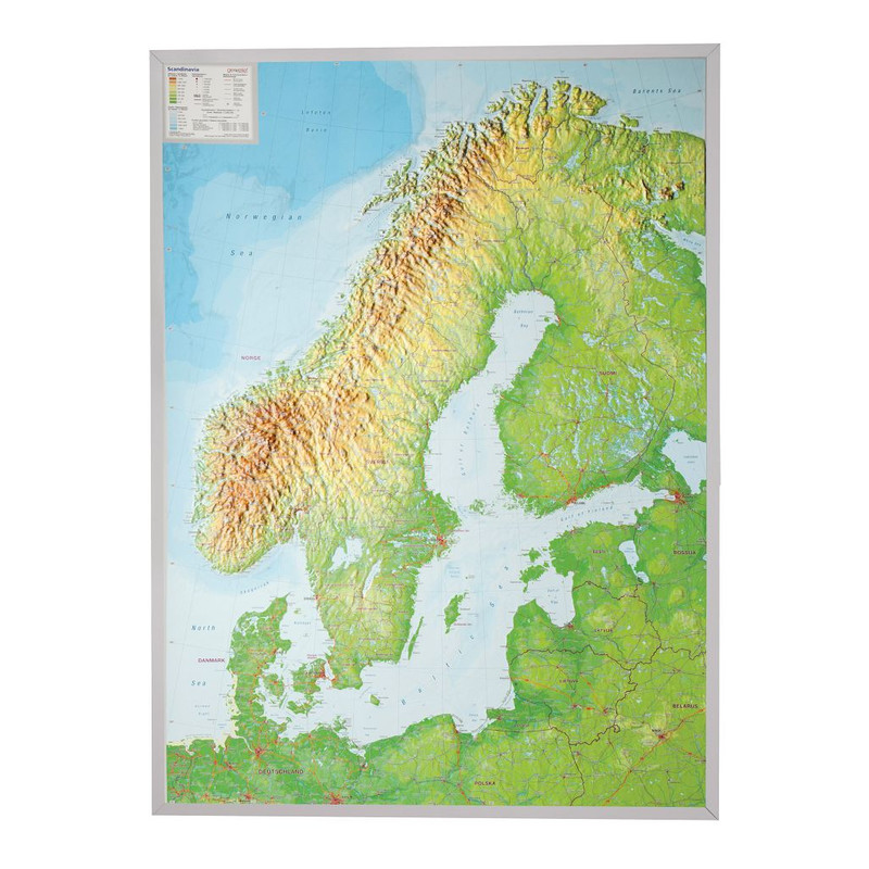 Georelief Regionkarta Skandinavien stor, 3D-reliefkarta med silverfärgad plastram
