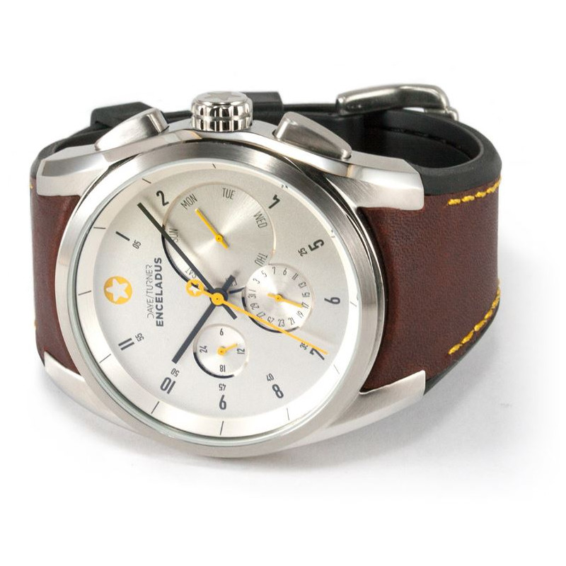 DayeTurner ENCELADUS herrklocka analog silver - läder ljusbrun