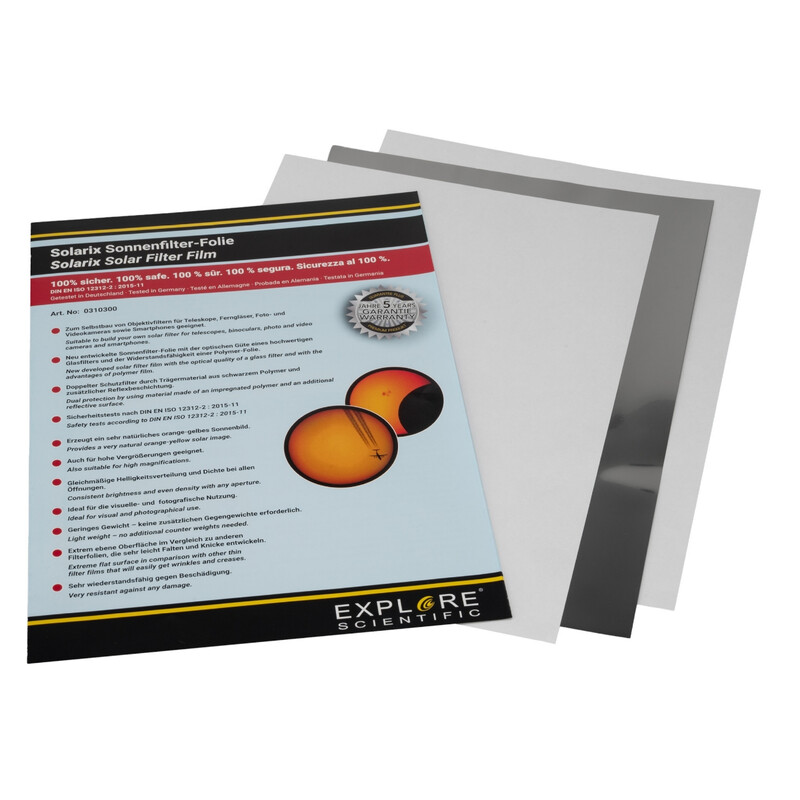 Explore Scientific Solarix solar filter foil with DIN A4 and ND5 cutout sheets