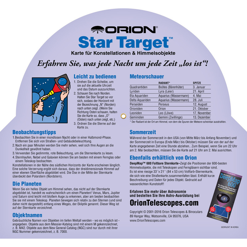 Orion Stjärnkarta Drehbare Sternkarte Star Target für 40°-60° nord