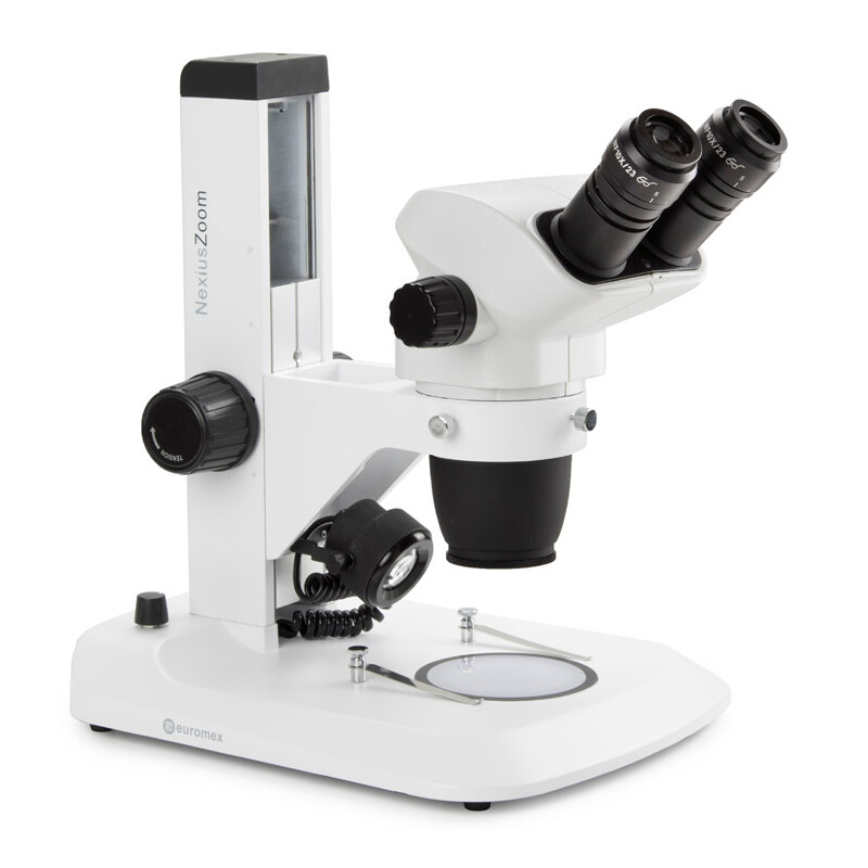Euromex Zoom-stereomikroskop NZ.1702-S, NexiusZoom Evo, 6,5x till 55x, kuggstångsstativ, LED 3 W, infallande och Transmitterat ljus, bino