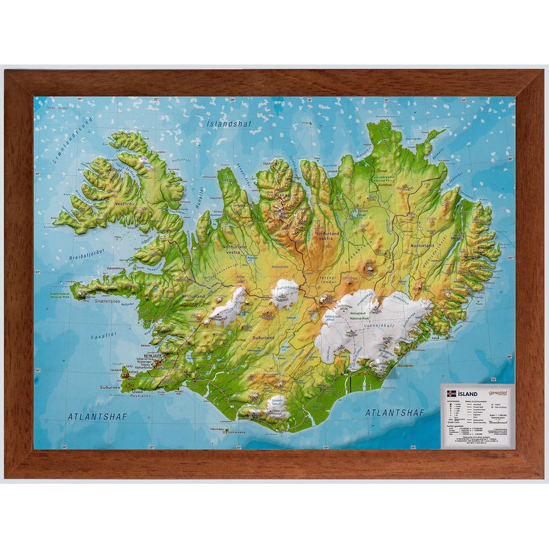 Georelief Karta Island (klein) mit Holzrahmen, 3D Reliefkarte