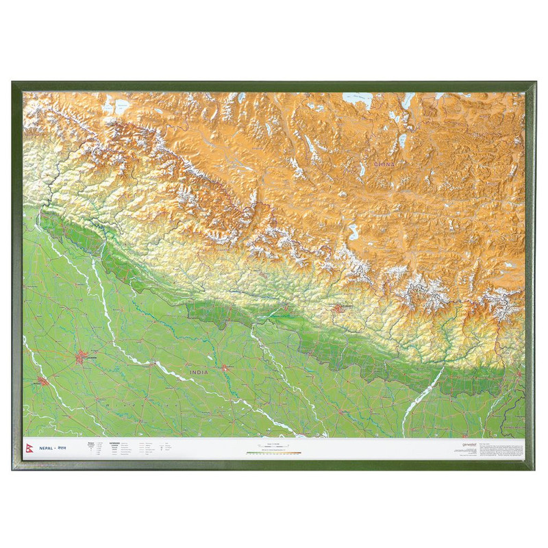 Georelief Regionkarta Nepal groß 3D mit Holzrahmen