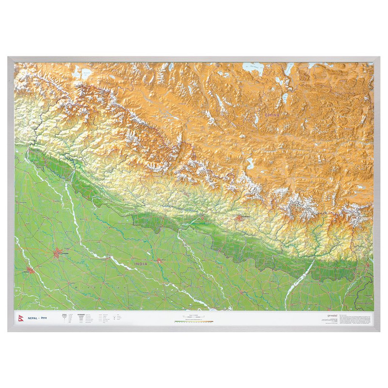 Georelief Regionkarta Nepal groß 3D mit Aluminiumrahmen