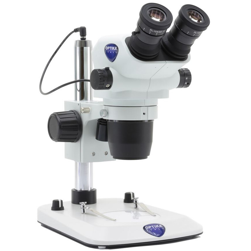 Optika Zoom-stereomikroskop SZO-3, bino, 6,7-45x, Pelarstativ, infallande och Transmitterat ljus