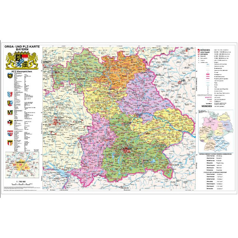 Stiefel Regionkarta Bayern politisch mit Postleitzahlen