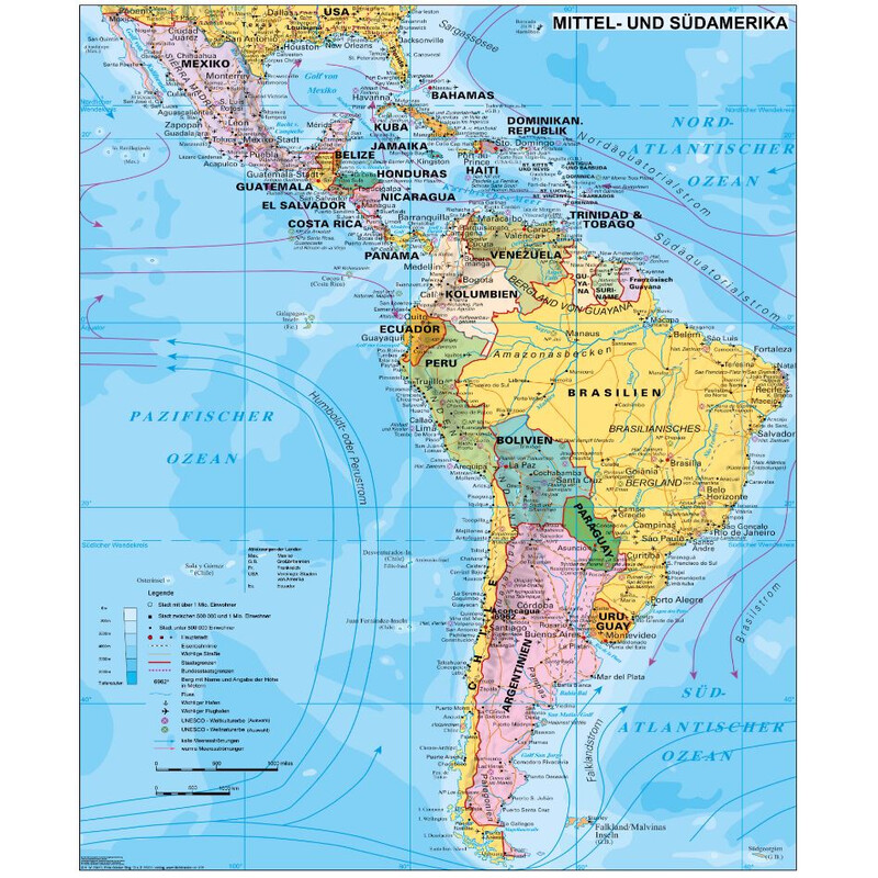 Stiefel Kontinentkarta Mittel- und Südamerika politisch (97 x 119 cm)