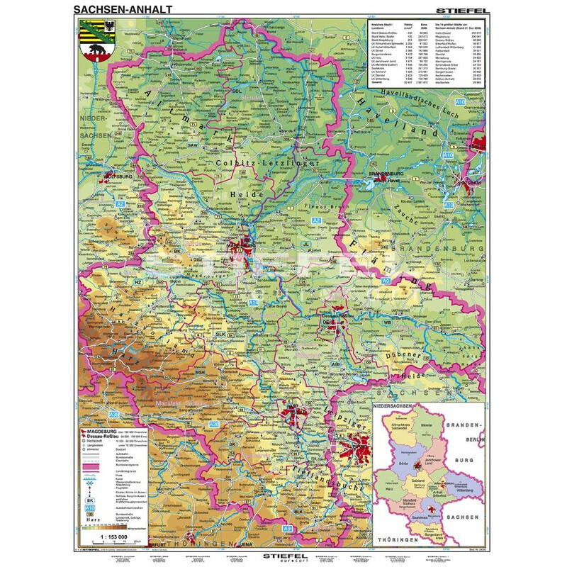 Stiefel Regionkarta Sachsen-Anhalt fysiskt XL