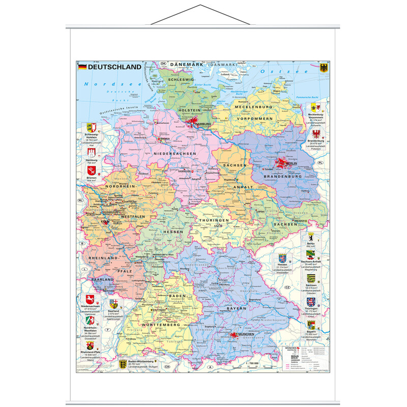 Stiefel Karta Deutschland politisch mit Wappen (97 x 119 cm)