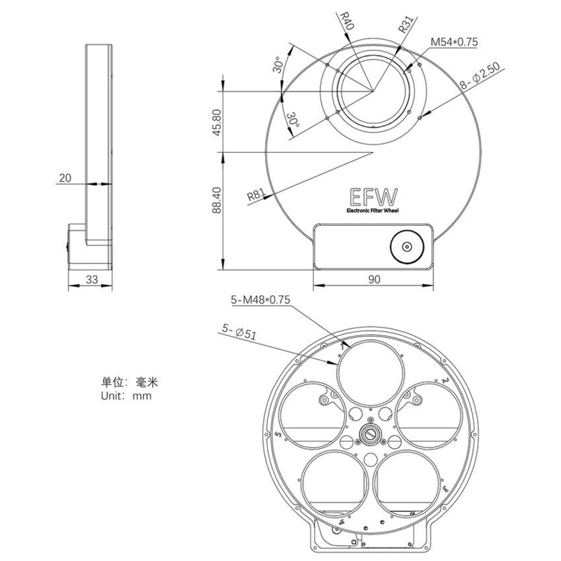ZWO Filterhjul Filterrad EFW 5x2"