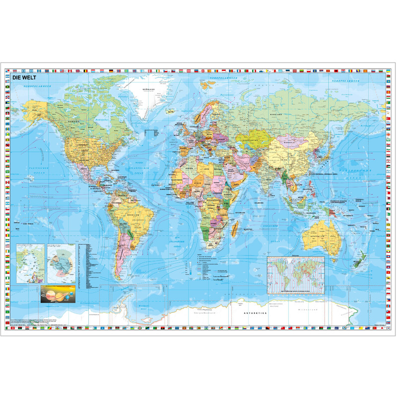 Stiefel Politisk världskarta med flaggkant (137x89) på platta för nålfäste