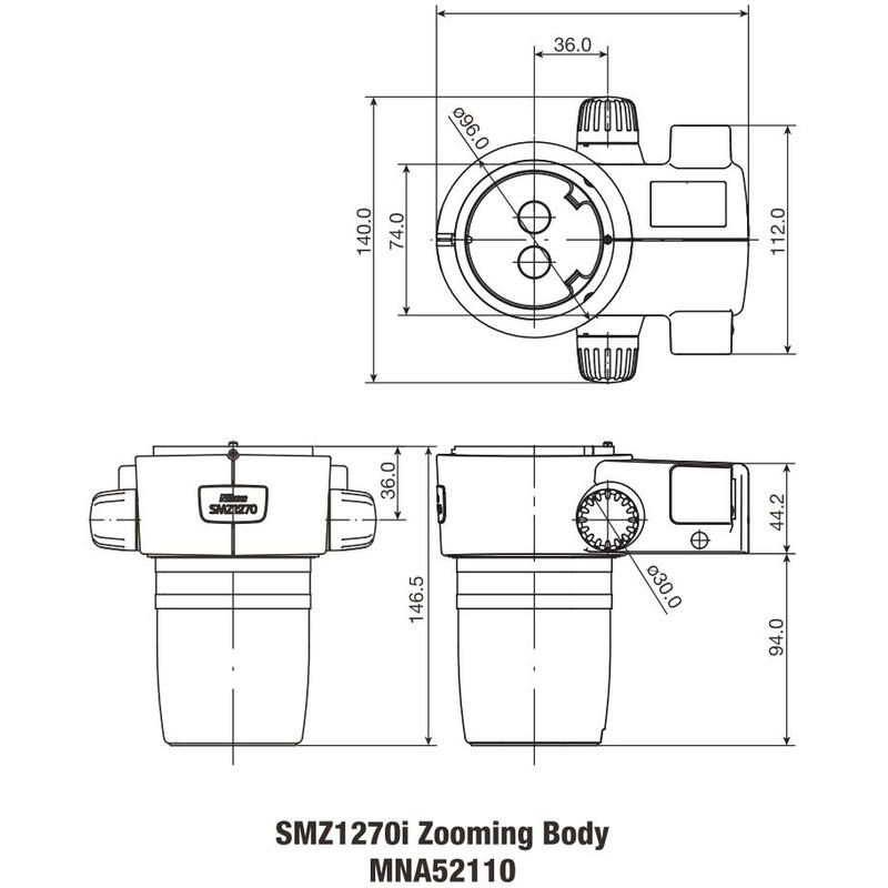 Nikon Stereohuvud SMZ-1270i Stereo Zoom Head, trino, 6.3-80x, click stop, ratio 12.7:1, 64 mm, 0-30°, WD 70 mm