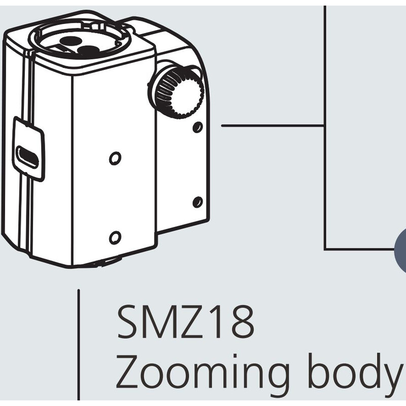 Nikon Stereohuvud SMZ18, manuell, parallelloptik, Achromat, zoomhuvud, bino, 7,5-135x, click stop, förhållande 18:1, 15°.