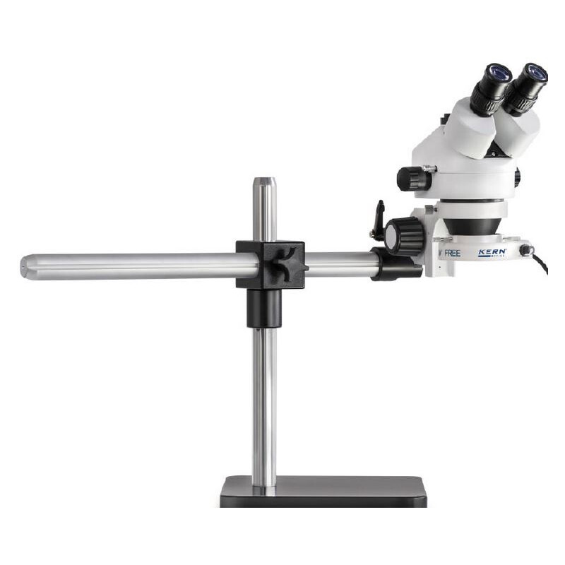 Kern Zoom-stereomikroskop OZL 963, trino, 0,7-4,5x, Stativ med teleskoparm, platta, LED-ringbelysning