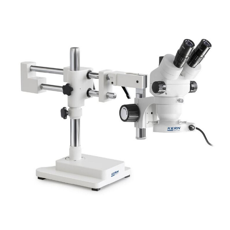 Kern Zoom-stereomikroskop OZM 923, trino, 7-45x, HSWF 10x23 mm, dubbelarmstativ, 430x480mm, m. bordsskiva, ringljus LED 4,5 W