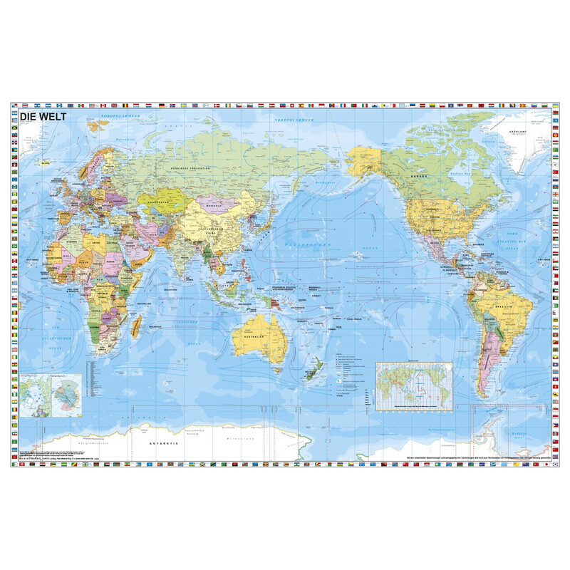 Stiefel Världskarta Världen politisk Stilla havet centrerad med flaggkant (98x68)