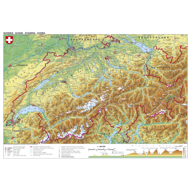 Stiefel Karta Schweiz fysiskt (98 x 68 cm)