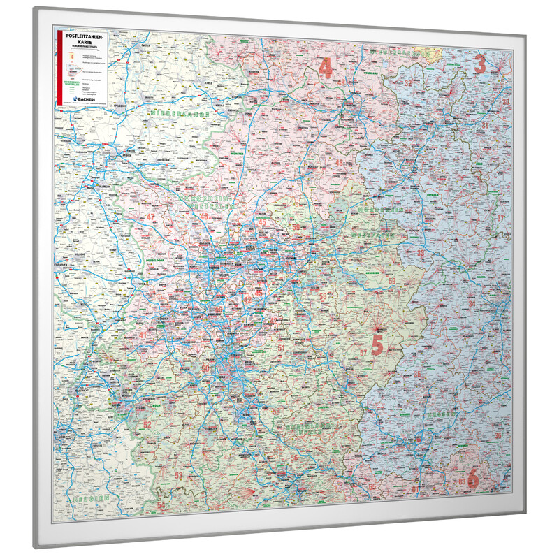 Bacher Verlag Regionkarta Nordrhein-Westfalen med postnummer (152 x 150 cm)