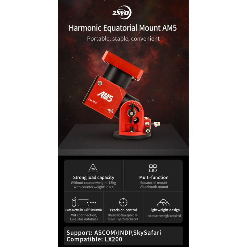 ZWO AM5 Harmonic ekvatoriell montering + stativ i Carbon