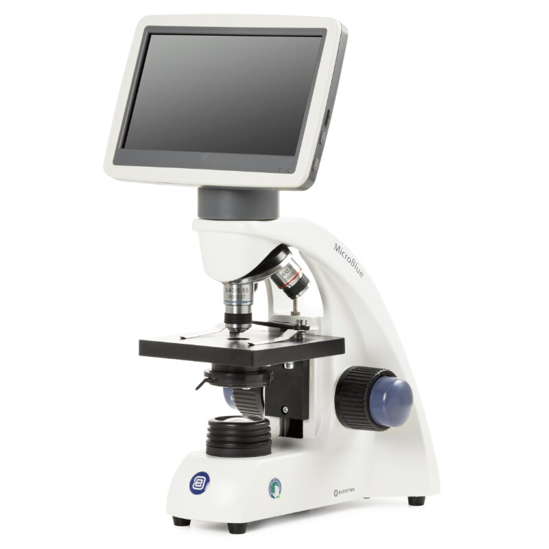 Euromex mikroskop MicroBlue, MB.1001-LCD, 5,6 tums LCD-skärm, Achr. 4/10/S40x objektiv, DIN 35mm perf., 40x - 400x, LED, 1W, enkelt sken