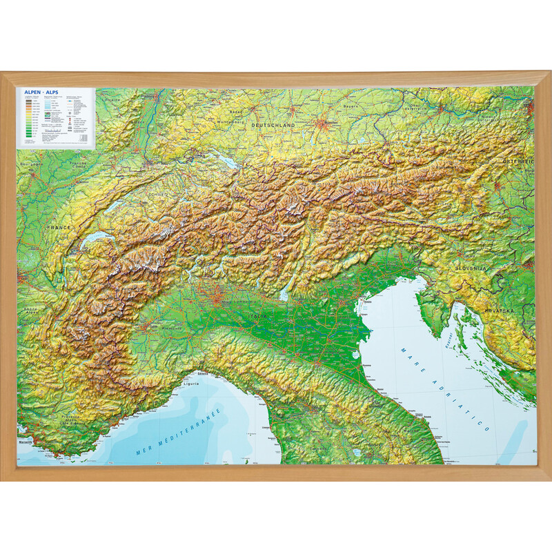 Georelief Regionkarta Alpbåge (77x57) 3D-reliefkarta med träram