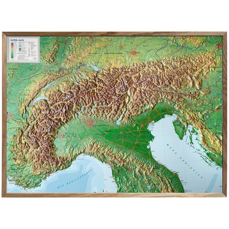 Georelief Regionkarta Alperna (77 x 57 cm) 3D-reliefkarta med träram