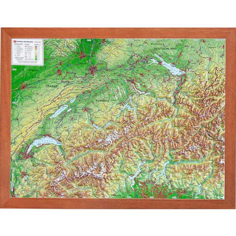 Georelief Schweiz (39x29) 3D-reliefkarta med träram