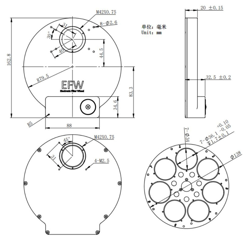 ZWO Motoriserat filterhjul EFW 7x36mm II